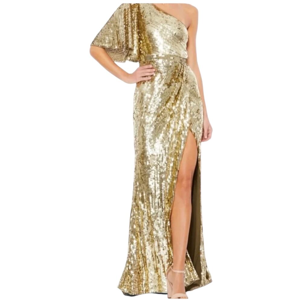 NWT Mac Duggal Gold Sequin Dress One Shoulder Formal Evening Gown Size 12